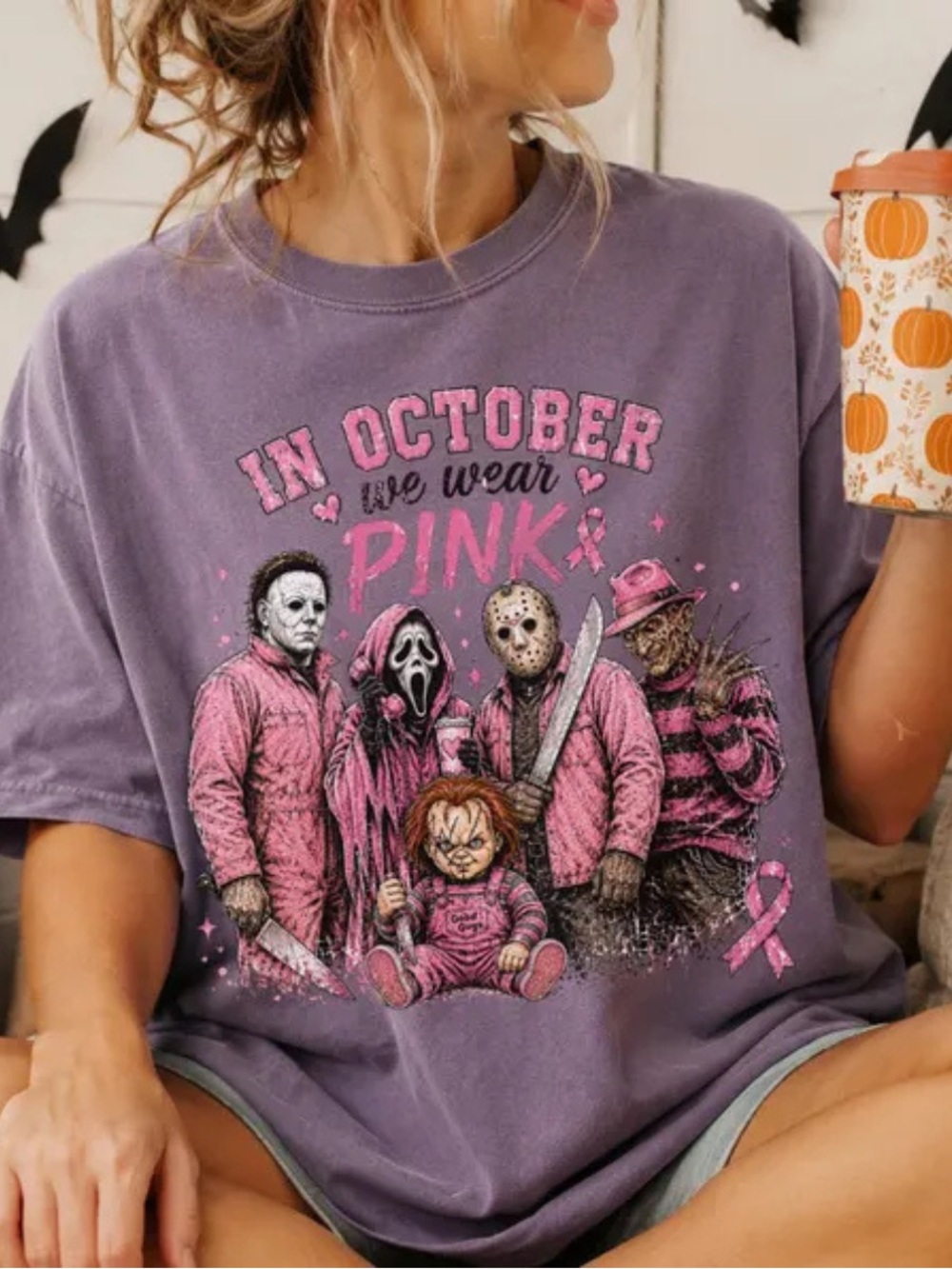 Comfort Colors Purple Horror and Chucky Graphic Tee, Retro In October Pink Shirt